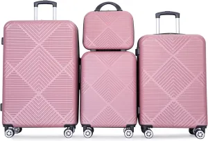 FUNNy elf Lightweight Luggage Set of 4, ABS Suitcase 4-Piece Set with 360 Spinner Wheels & Adjustable Pull Rod, Luggage with Aircraft Wheels Travel Essential (Pink)