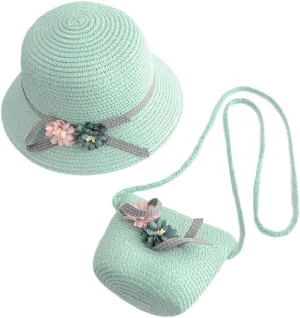 Girls Beach Hat Set Bucket Hat for Kids Straw Kids Bag for Little Girls Beach Tote Bag Adorable Straw Cap Green