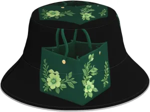Green Floral Small Square Bag Pattern Reflective Bucket Hat for Men and Women - for Travel, Camping, and Outdoor Activities, Black, One Size