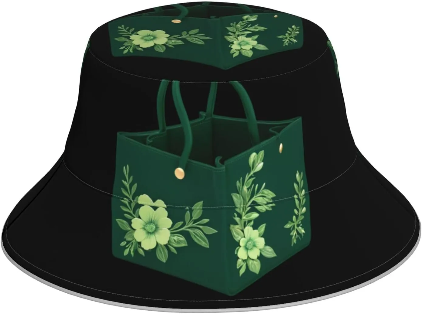 Green Floral Small Square Bag Pattern Reflective Bucket Hat for Men and Women - for Travel, Camping, and Outdoor Activities, Black, One Size