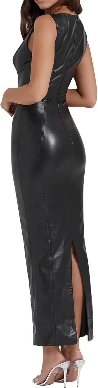 hibshaby Sexy Women Faux Leather Bodycon Maxi Dress Boat-Neck Tank Elegant Long Dresses