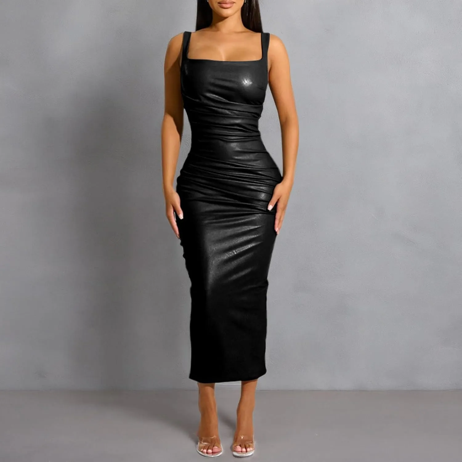 hibshaby Sexy Women Faux Leather Bodycon Maxi Dress Boat-Neck Tank Elegant Long Dresses