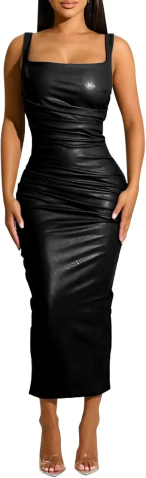 hibshaby Sexy Women Faux Leather Bodycon Maxi Dress Boat-Neck Tank Elegant Long Dresses
