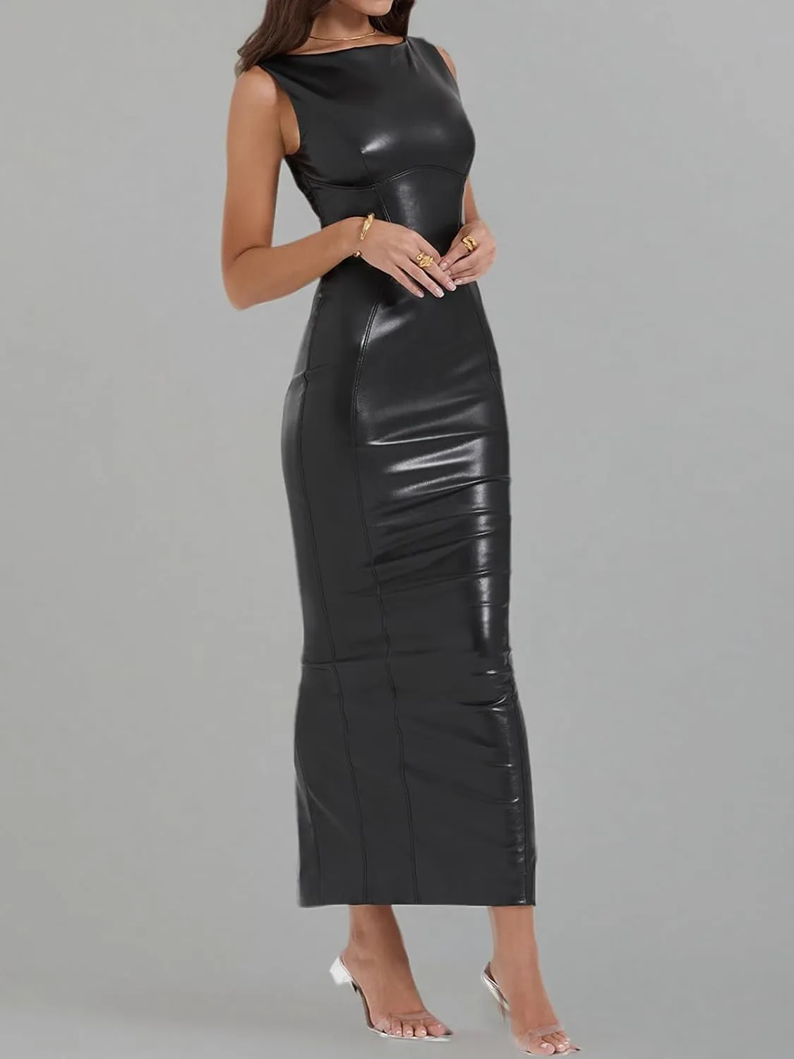 hibshaby Sexy Women Faux Leather Bodycon Maxi Dress Boat-Neck Tank Elegant Long Dresses