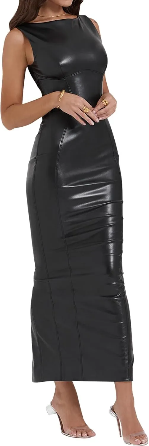 hibshaby Sexy Women Faux Leather Bodycon Maxi Dress Boat-Neck Tank Elegant Long Dresses