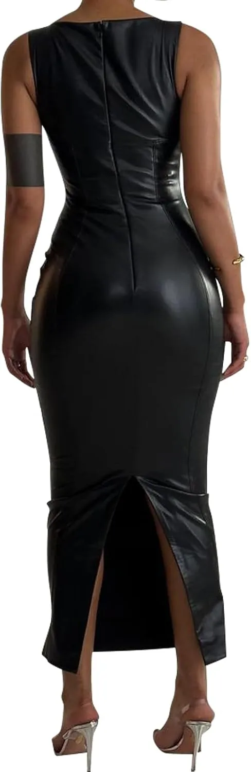 hibshaby Sexy Women Faux Leather Bodycon Maxi Dress Boat-Neck Tank Elegant Long Dresses
