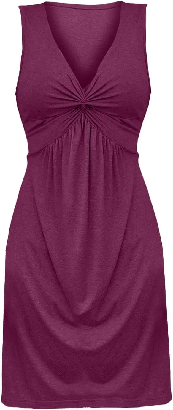 Knotted Front Dresses for Women V Neck Sleeveless Tank Dresses A Line Casual Sundress Vacasion Outfits Beach Sundress