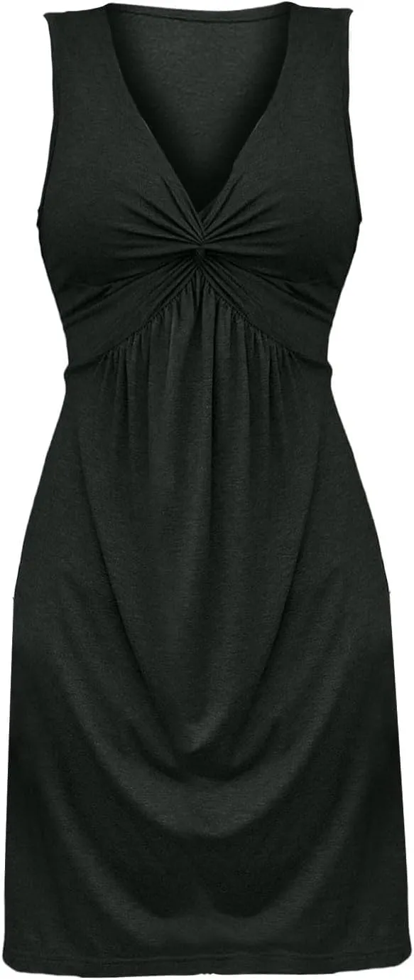 Knotted Front Dresses for Women V Neck Sleeveless Tank Dresses A Line Casual Sundress Vacasion Outfits Beach Sundress