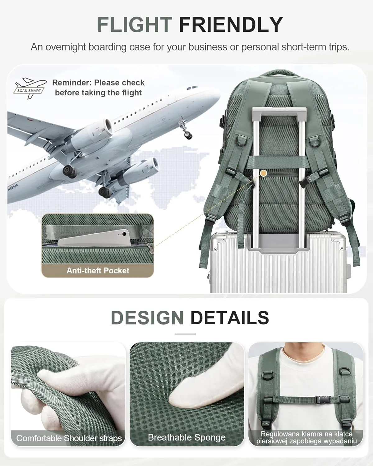 Lightweight Travel Backpack For Women Men Carry On Backpack Flight Approved Travel Bag Personal Item Waterproof Luggage Backpack With Shoe & Laptop Compartment(Green)
