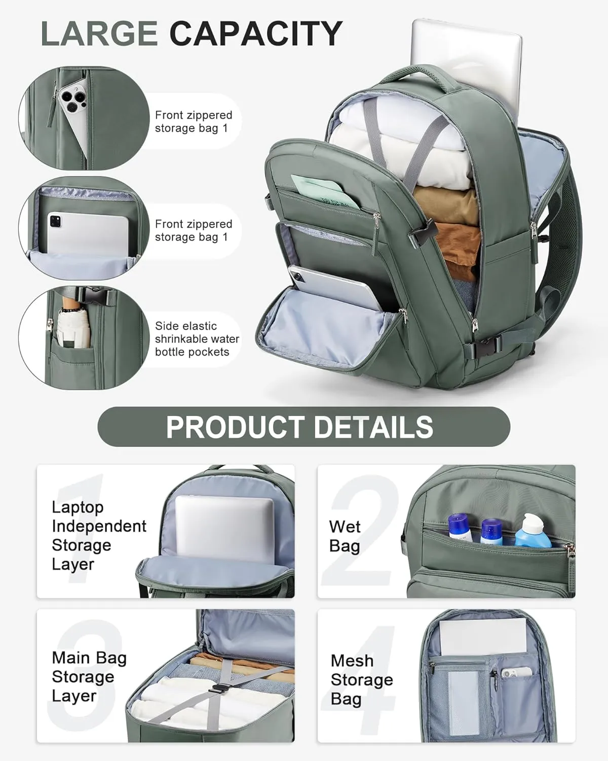 Lightweight Travel Backpack For Women Men Carry On Backpack Flight Approved Travel Bag Personal Item Waterproof Luggage Backpack With Shoe & Laptop Compartment(Green)