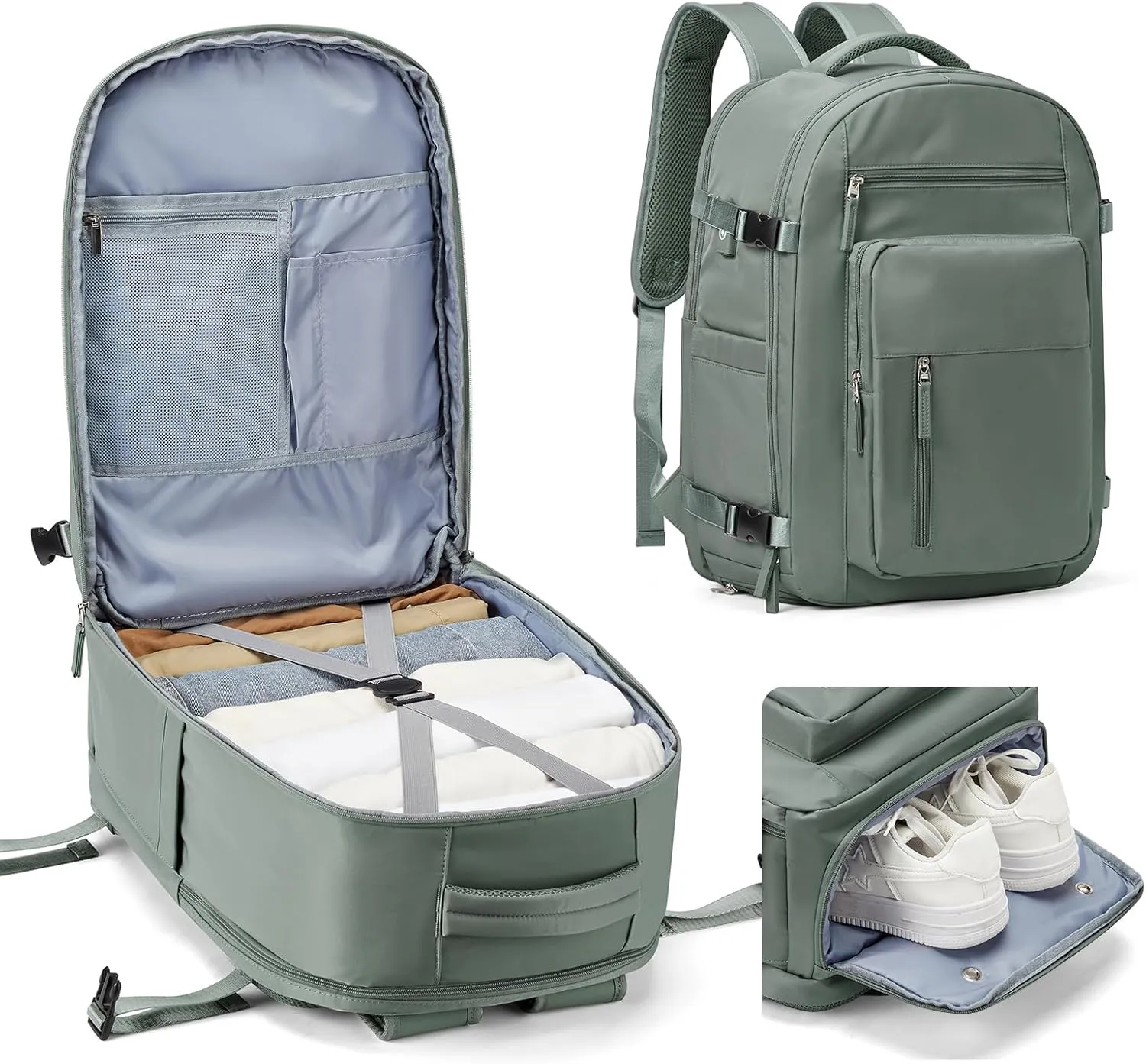 Lightweight Travel Backpack For Women Men Carry On Backpack Flight Approved Travel Bag Personal Item Waterproof Luggage Backpack With Shoe & Laptop Compartment(Green)
