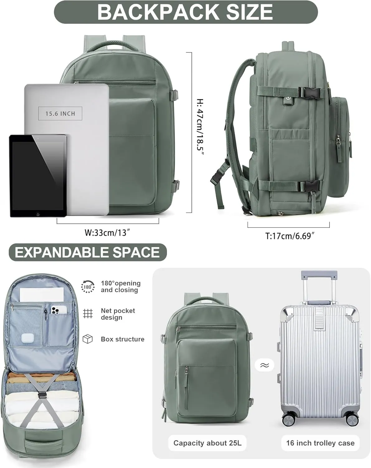 Lightweight Travel Backpack For Women Men Carry On Backpack Flight Approved Travel Bag Personal Item Waterproof Luggage Backpack With Shoe & Laptop Compartment(Green)