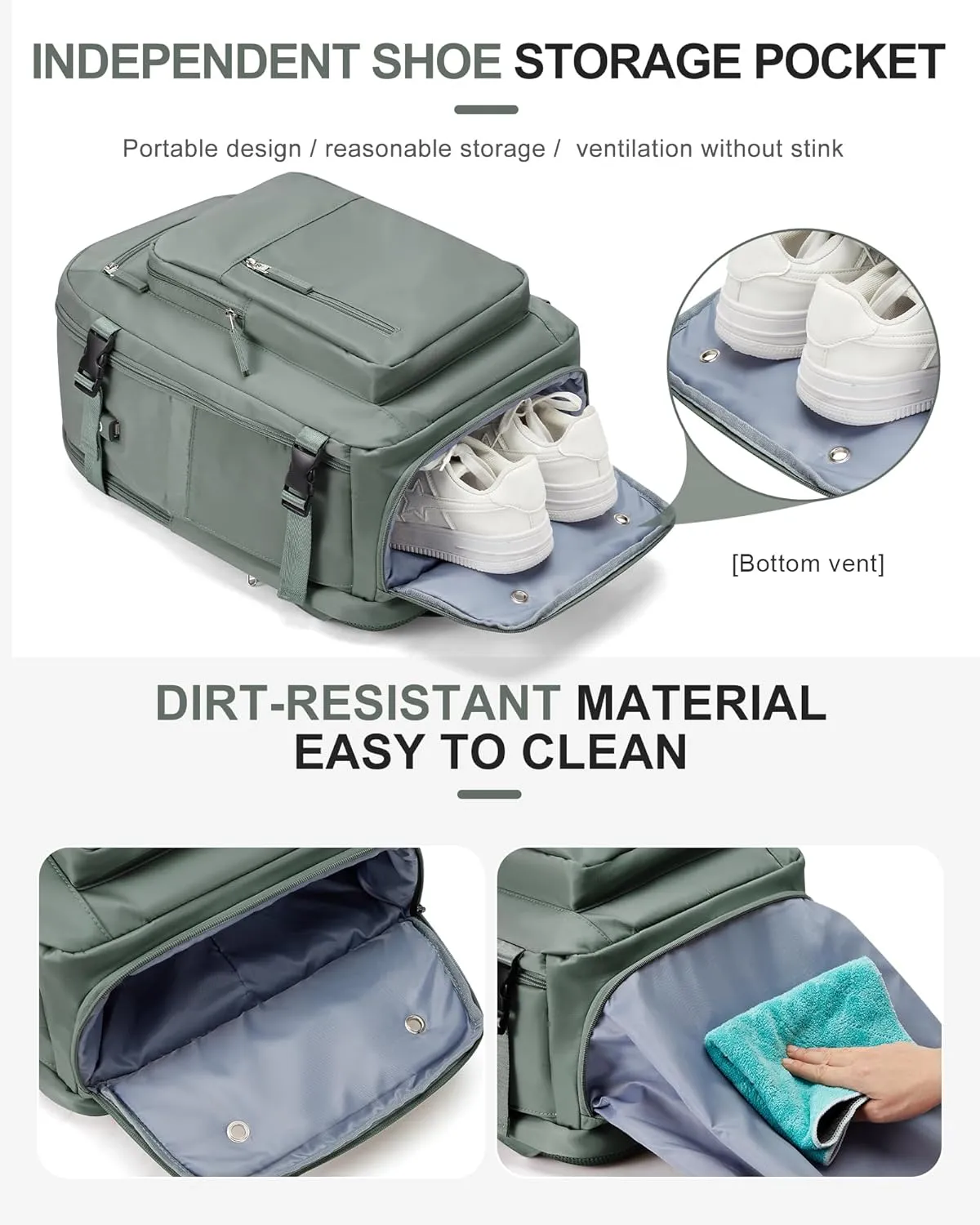 Lightweight Travel Backpack For Women Men Carry On Backpack Flight Approved Travel Bag Personal Item Waterproof Luggage Backpack With Shoe & Laptop Compartment(Green)