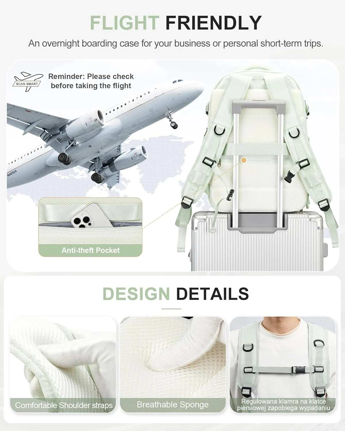 Lightweight Travel Backpack For Women Men Carry On Backpack Flight Approved Travel Bag Personal Item Waterproof Luggage Backpack With Shoe & Laptop Compartment(Mint Green)