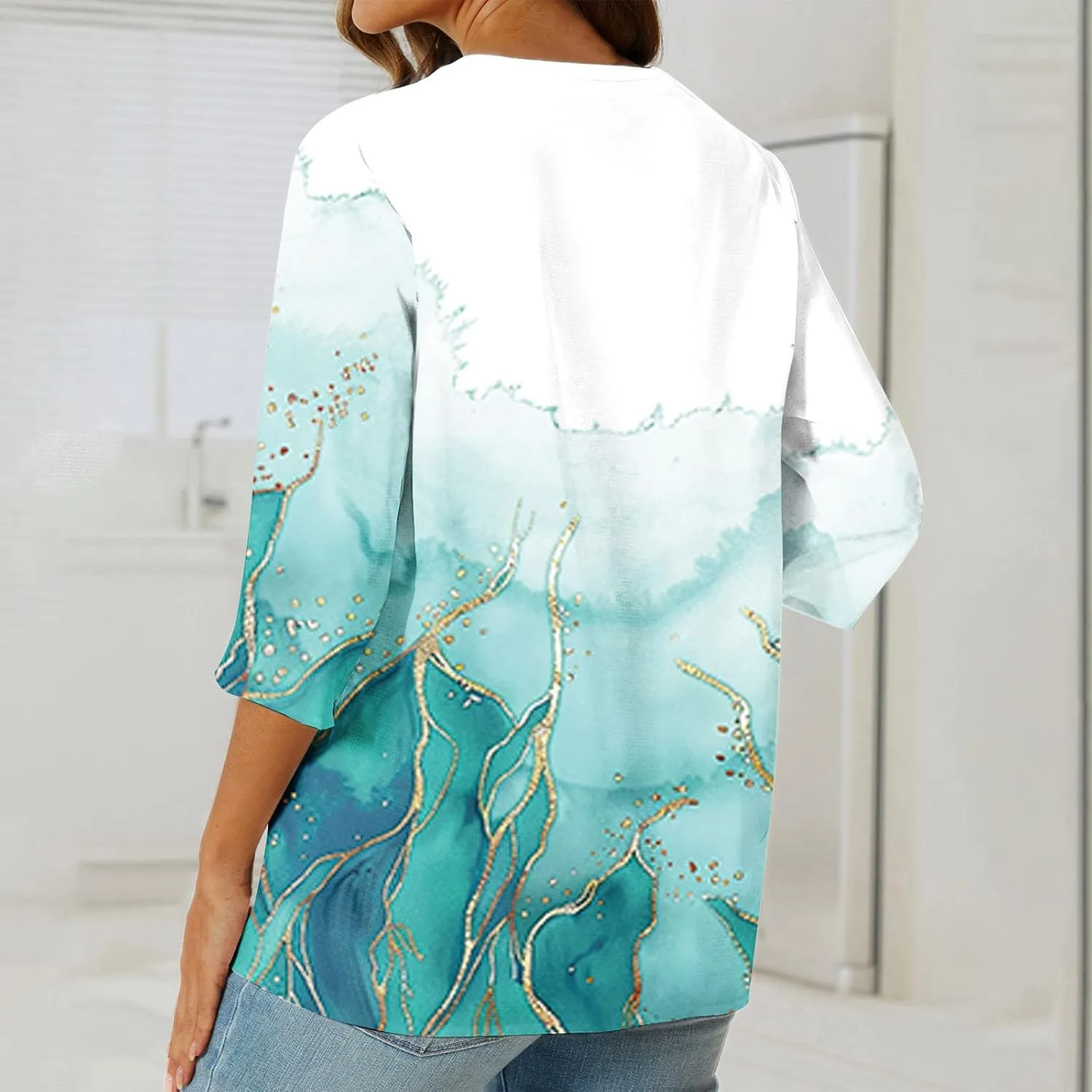 Linen Shirts for Women Boho Floral Shirt Button V Neck T Shirts Summer Vacation 3/4 Sleeve Tops Trendy Fashion Tops