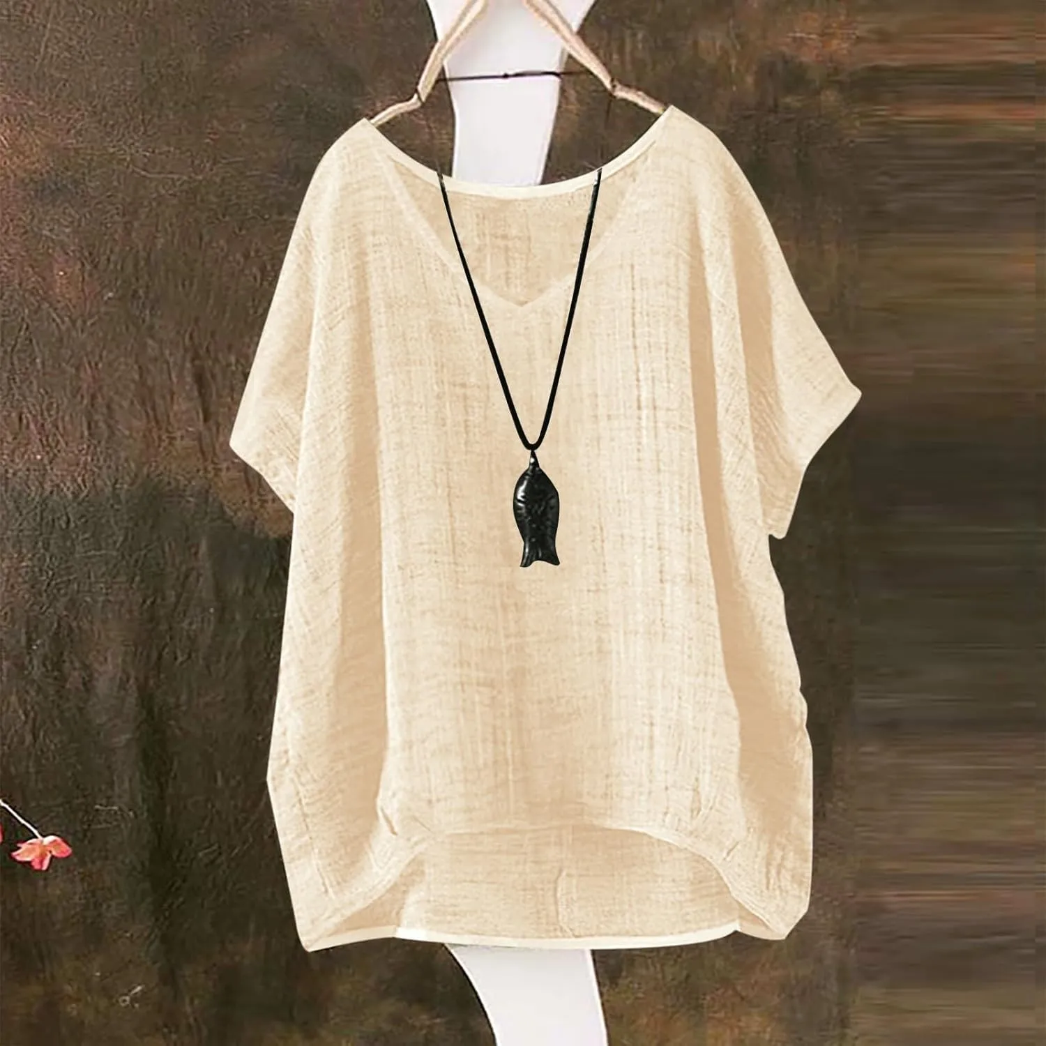 Linen Shirts for Women Summer Casual Trendy Boho Plus Size Shirts Crewneck Short Sleeve Cute Tops Loose Fit Blouses
