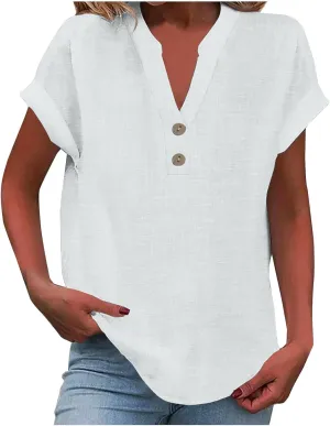 Linen Shirts for Women V Neck Button Down Blouse Short Sleeve Office Work Tops Vintage Vacation Tees Shirt Blouse Tops