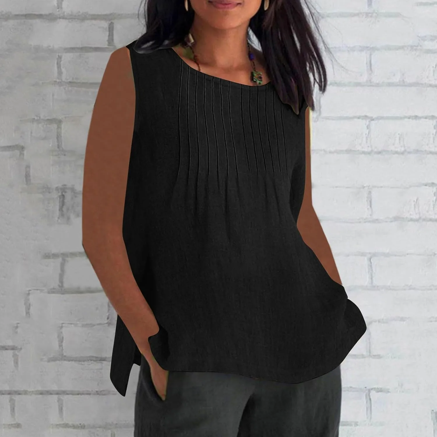Linen Tank Tops for Women Cotton Gauze Crewneck Pleated Front Sleeveless Plus Size Side Slit Summer Shirts