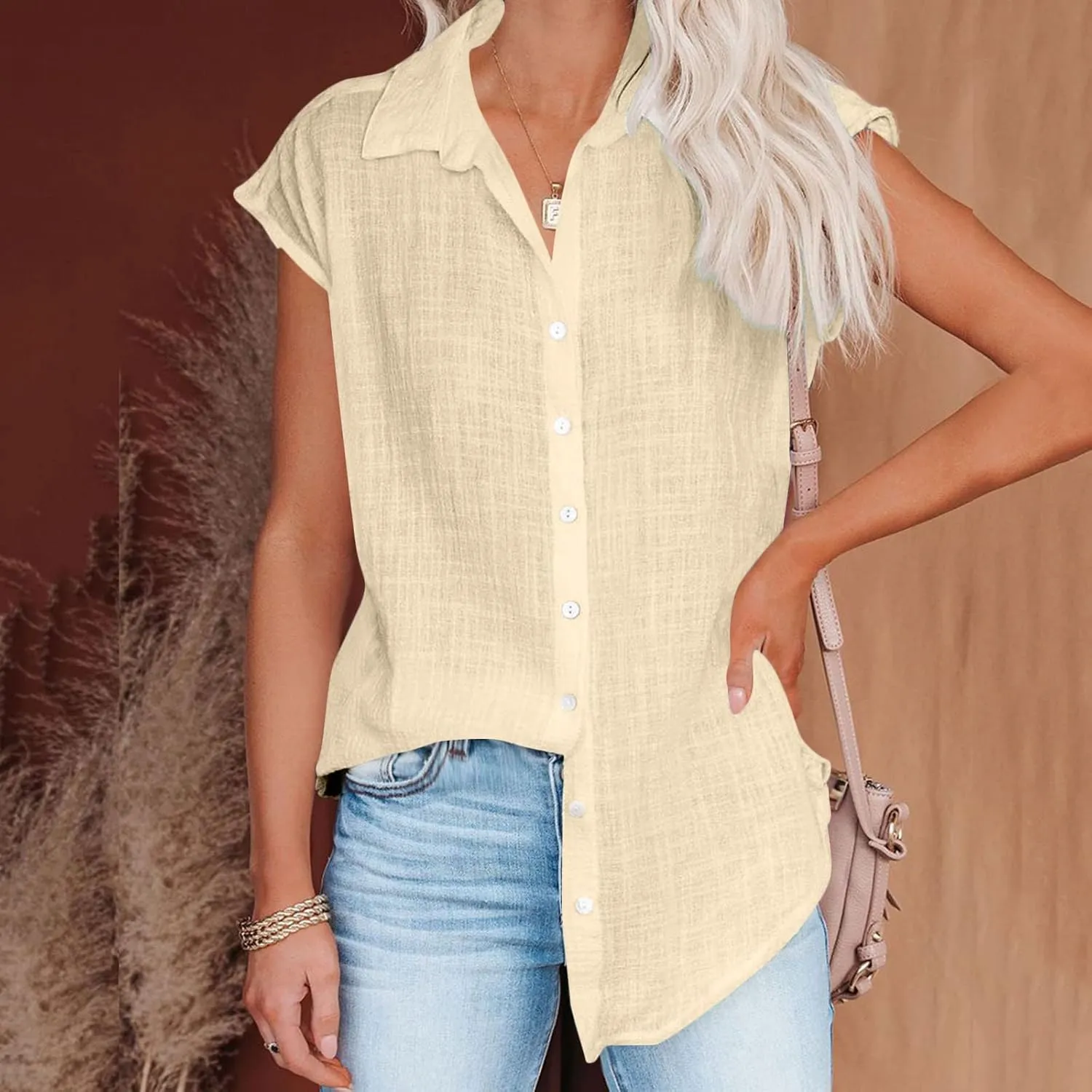 Linen Tops for Women Cap Sleeve Tops for Dressy Button Down Shirts Solid Color Blouse Slim Fit Shirts Tops