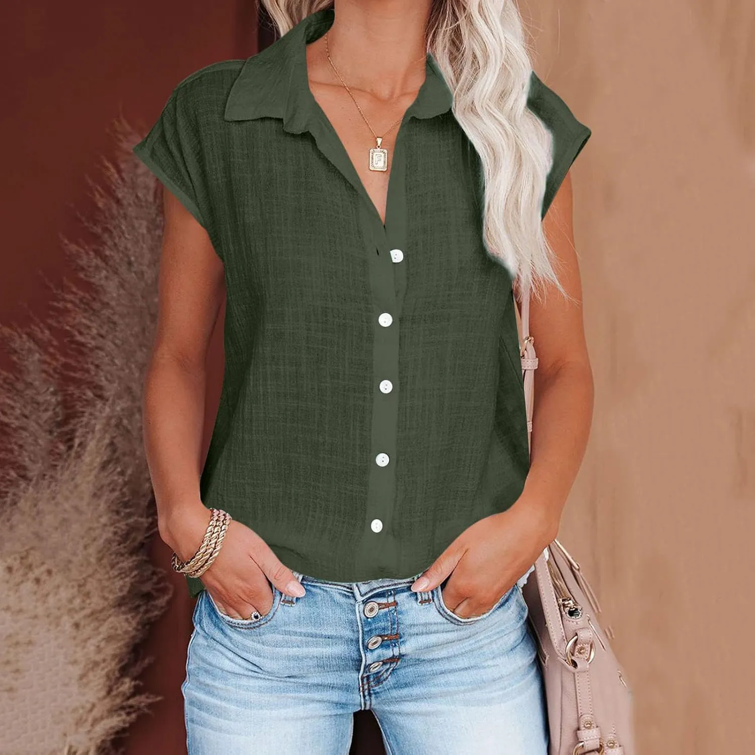 Linen Tops for Women Cap Sleeve Tops for Dressy Button Down Shirts Solid Color Blouse Slim Fit Shirts Tops