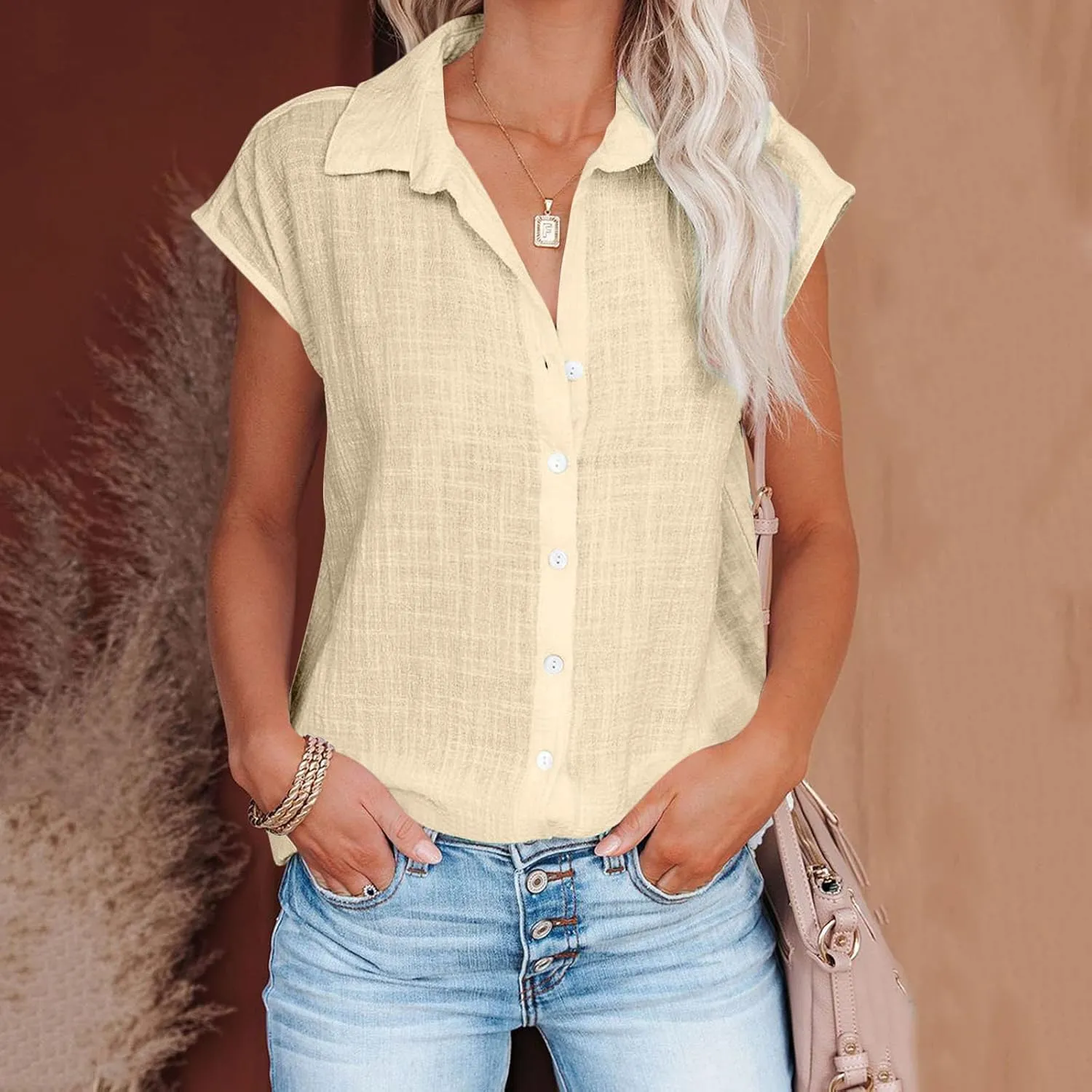 Linen Tops for Women Cap Sleeve Tops for Dressy Button Down Shirts Solid Color Blouse Slim Fit Shirts Tops