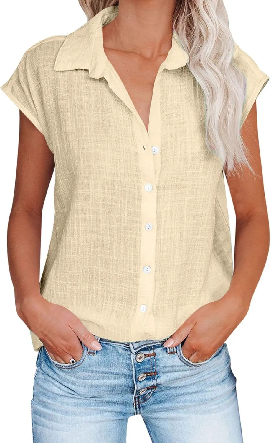 Linen Tops for Women Cap Sleeve Tops for Dressy Button Down Shirts Solid Color Blouse Slim Fit Shirts Tops