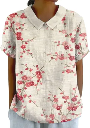 Linen Tops for Women Summer Peterr Pan Collar Puff Short Sleeve Shirts Linen Loose Large Size Thin Lapel Shirt Short