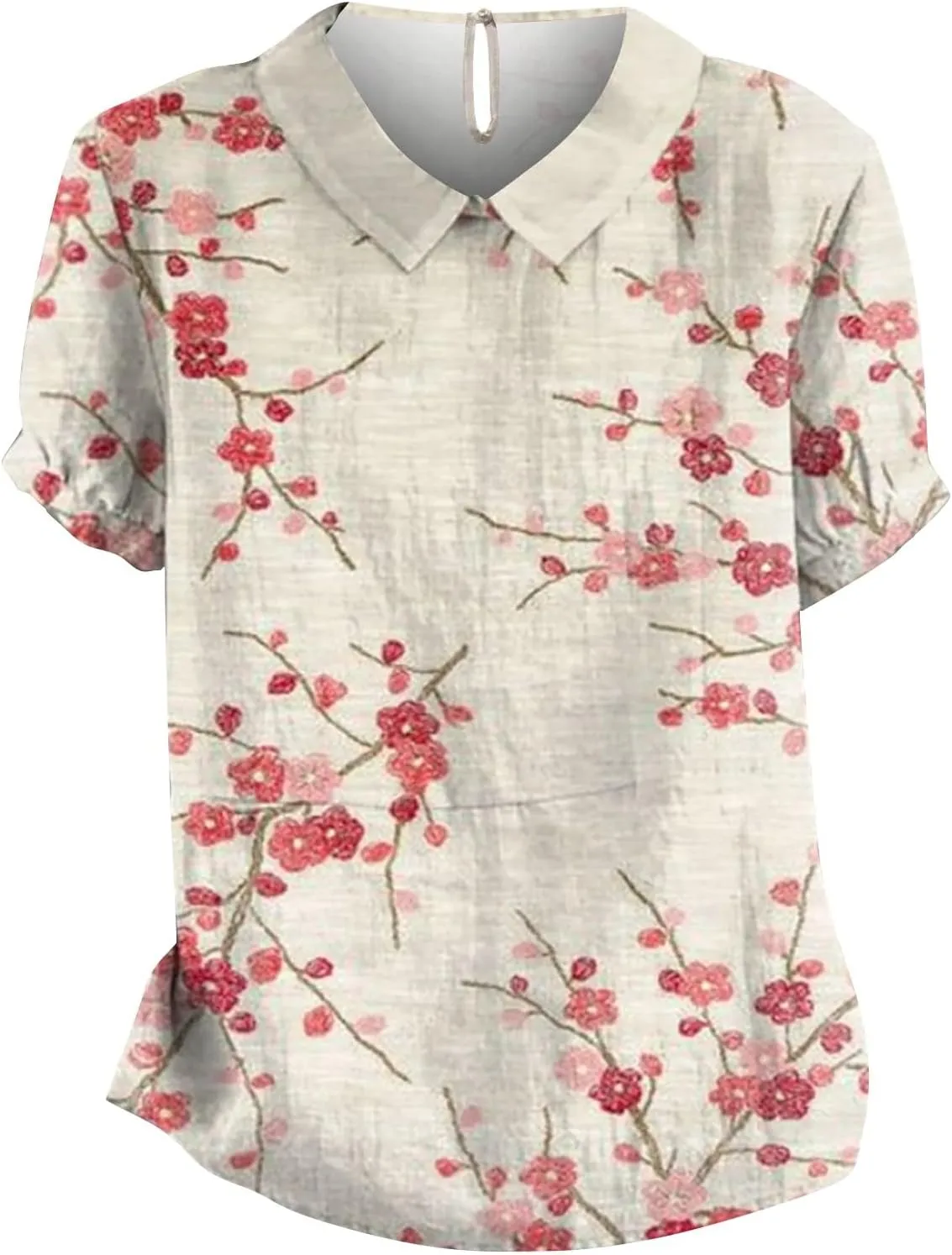 Linen Tops for Women Summer Peterr Pan Collar Puff Short Sleeve Shirts Linen Loose Large Size Thin Lapel Shirt Short