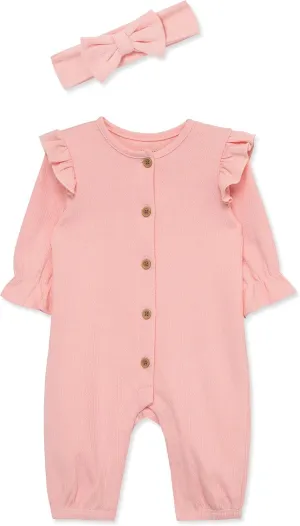 Little Me Simply Essential Solids 100% Organic Clothes for Baby Girls' Jumpsuit and Headband Set, 3 Months - 12 Months