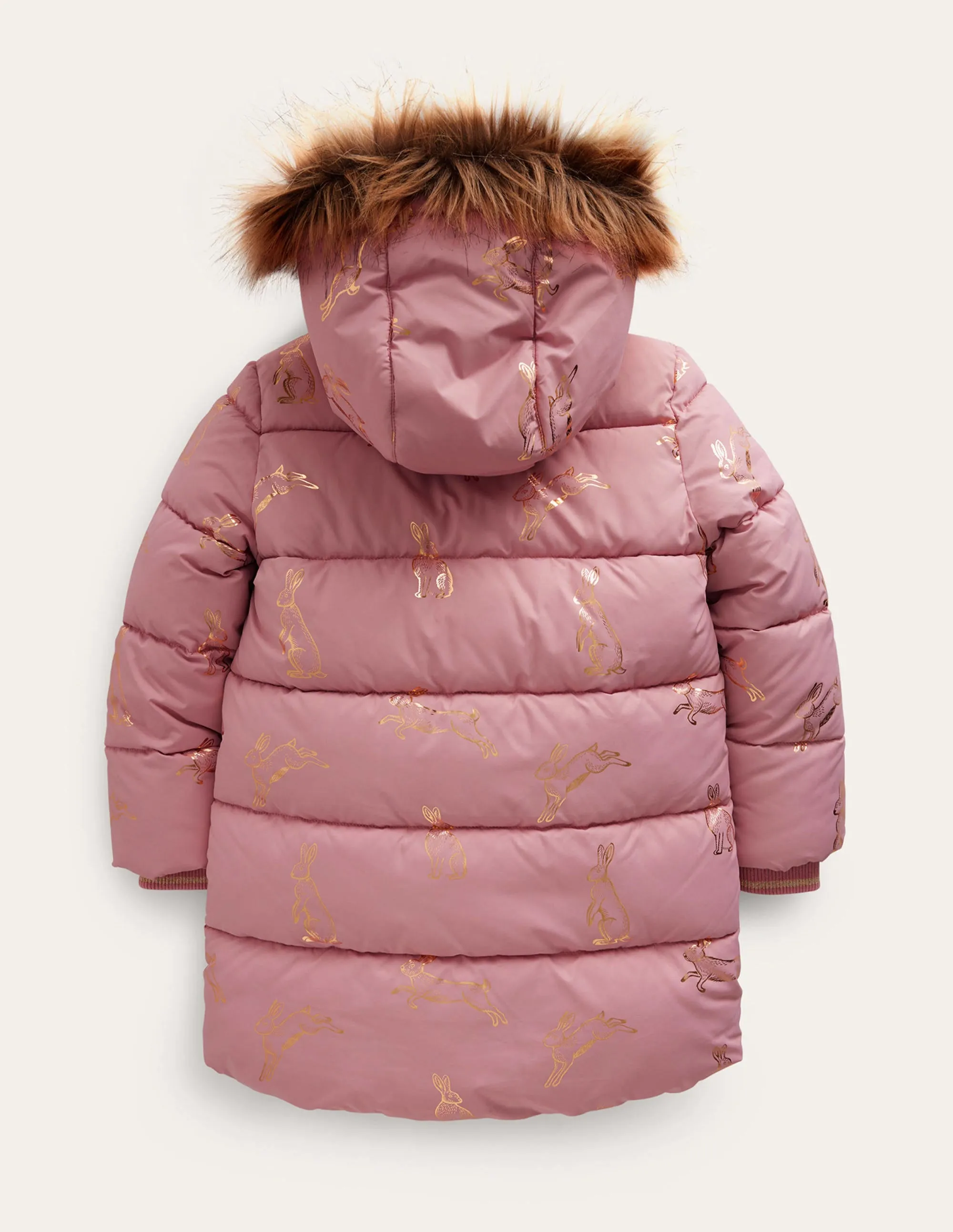 Longline Padded Coat-Almond Pink Foil Bunnies