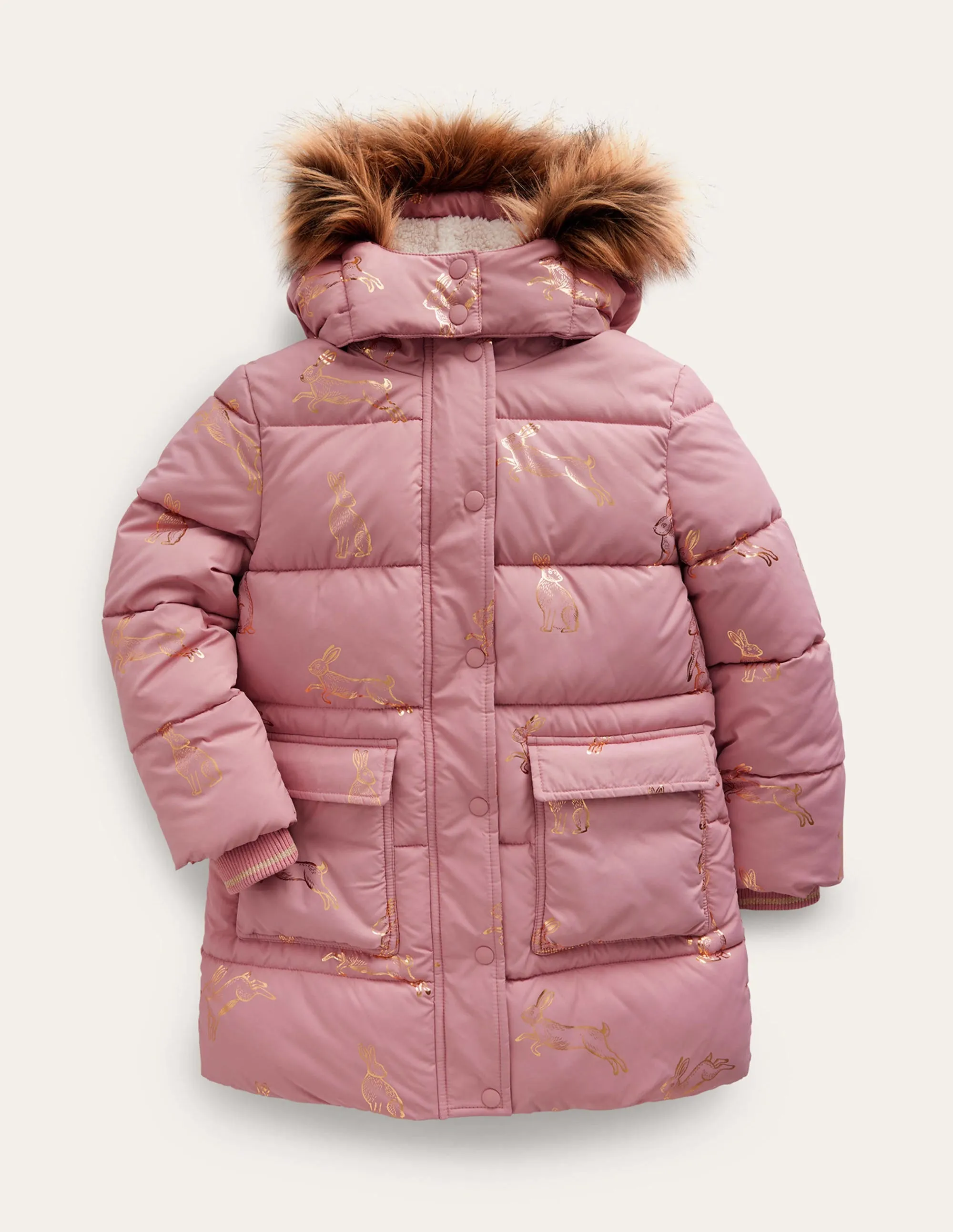 Longline Padded Coat-Almond Pink Foil Bunnies