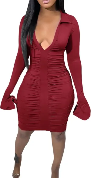 LYANER Women's Collar Low Cut V Neck Ruched Long Sleeve Bodycon Club Mini Dress