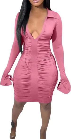 LYANER Women's Collar Low Cut V Neck Ruched Long Sleeve Bodycon Club Mini Dress