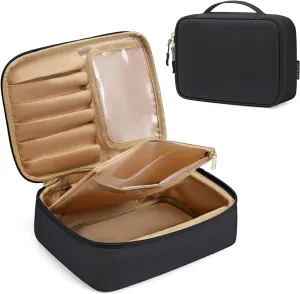 Makeup Bag, Small Travel Makeup Cosmetic Bag for Women, Portable Make up Brushes Holder Bag, Toiletry Bag, Compact Cosmetic Case Organizer, Black