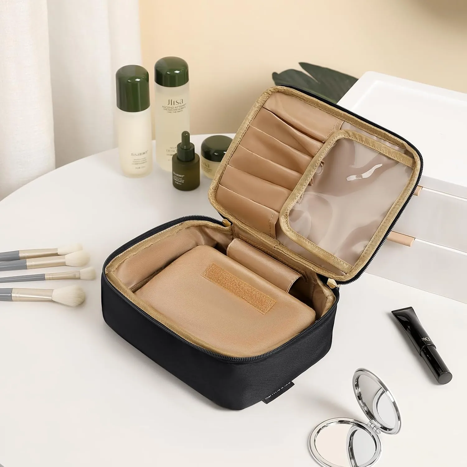 Makeup Bag, Small Travel Makeup Cosmetic Bag for Women, Portable Make up Brushes Holder Bag, Toiletry Bag, Compact Cosmetic Case Organizer, Black