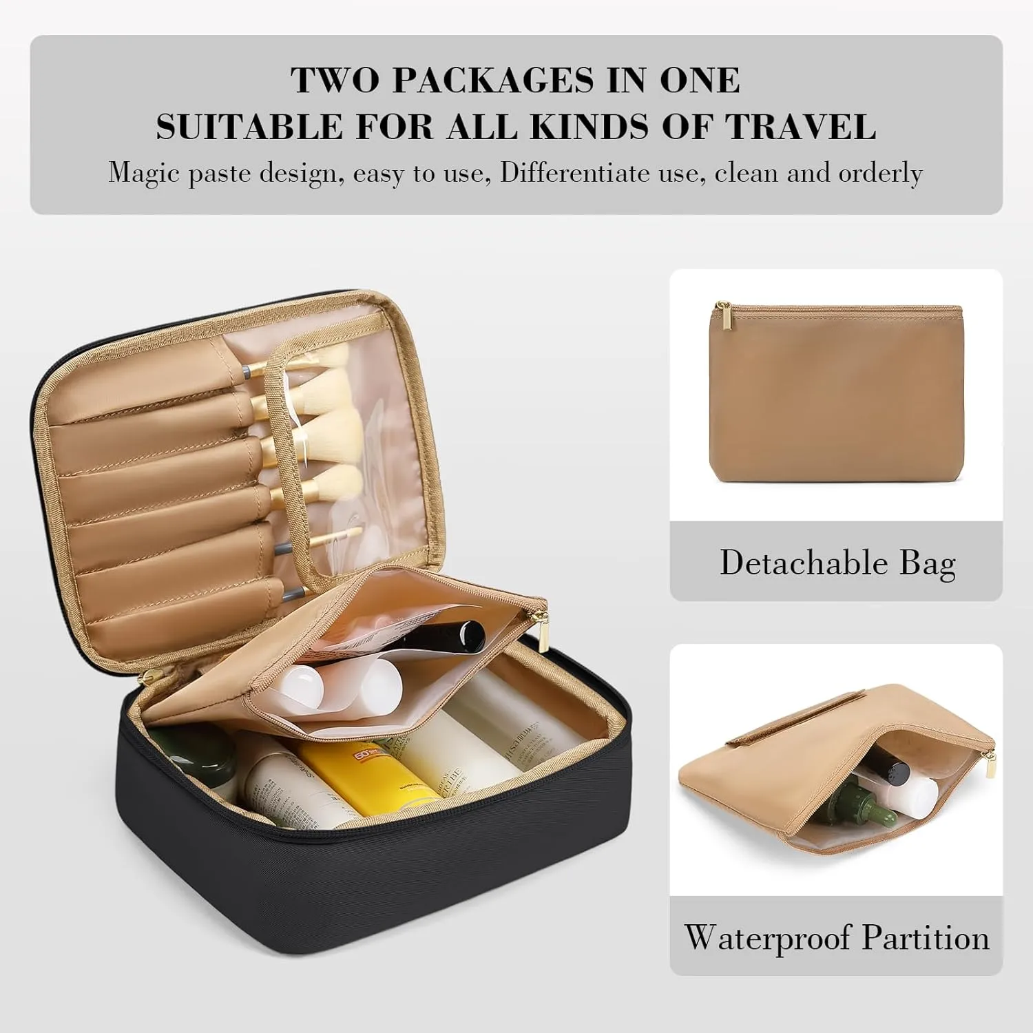 Makeup Bag, Small Travel Makeup Cosmetic Bag for Women, Portable Make up Brushes Holder Bag, Toiletry Bag, Compact Cosmetic Case Organizer, Black
