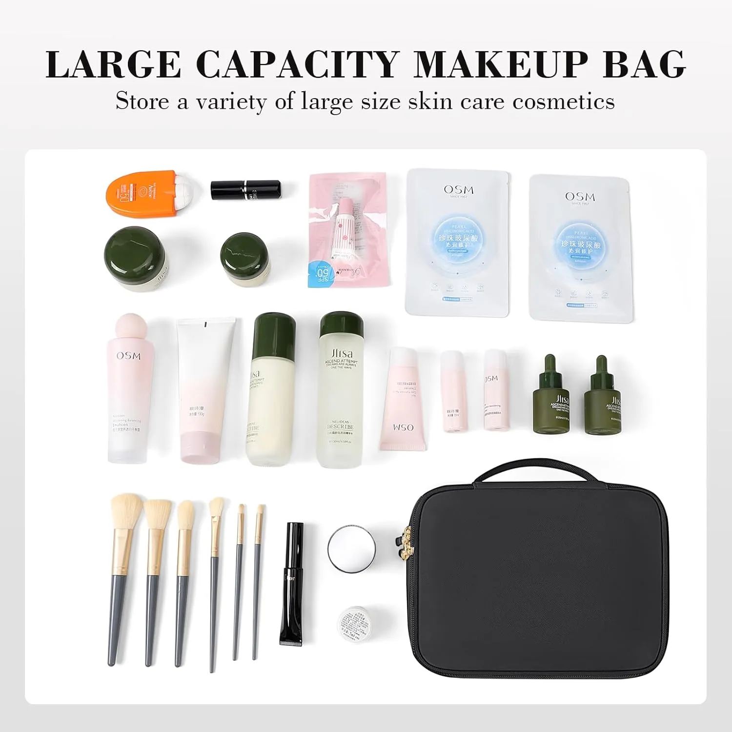 Makeup Bag, Small Travel Makeup Cosmetic Bag for Women, Portable Make up Brushes Holder Bag, Toiletry Bag, Compact Cosmetic Case Organizer, Black