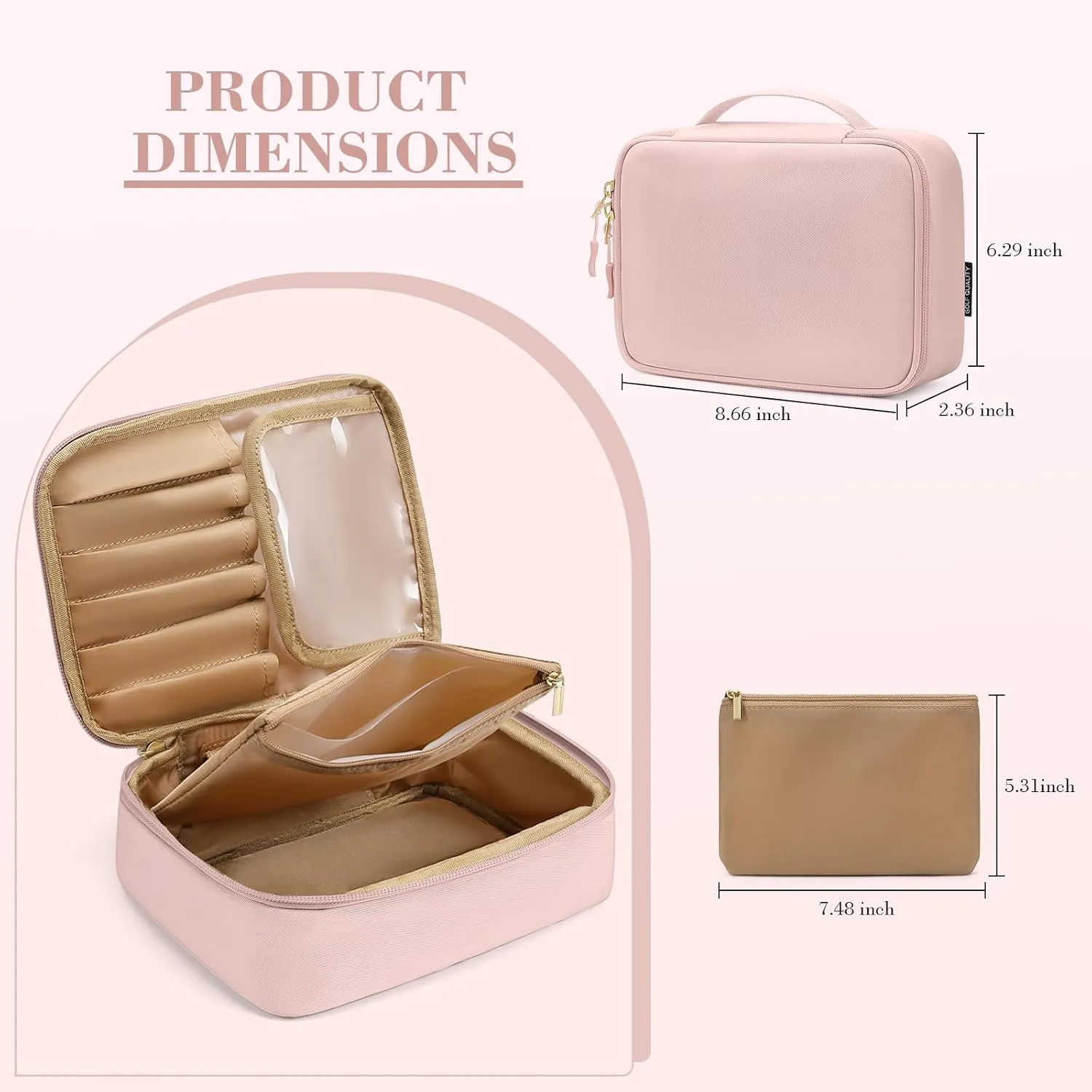 Makeup Bag, Small Travel Makeup Cosmetic Bag for Women, Portable Make up Brushes Holder Bag, Toiletry Bag, Compact Cosmetic Case Organizer, Pink