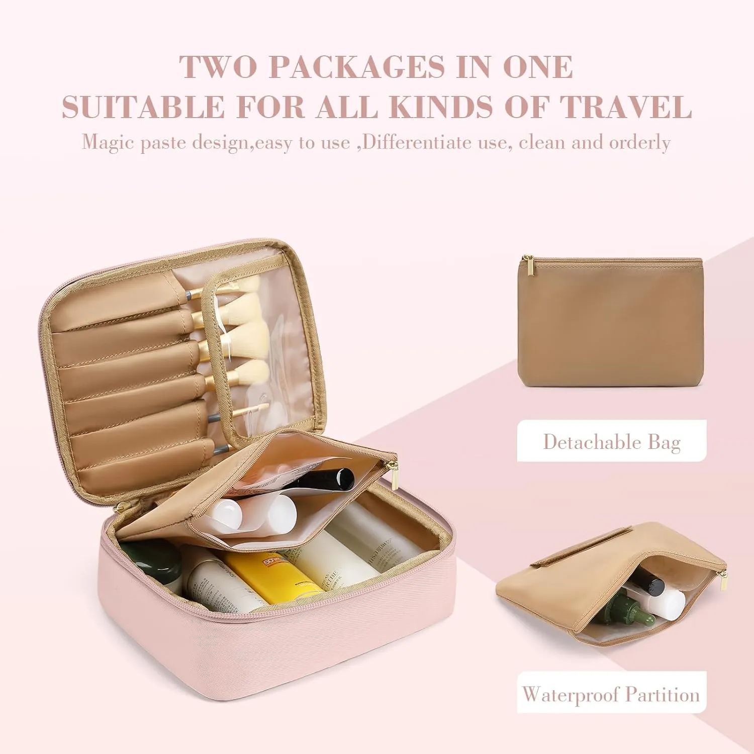Makeup Bag, Small Travel Makeup Cosmetic Bag for Women, Portable Make up Brushes Holder Bag, Toiletry Bag, Compact Cosmetic Case Organizer, Pink