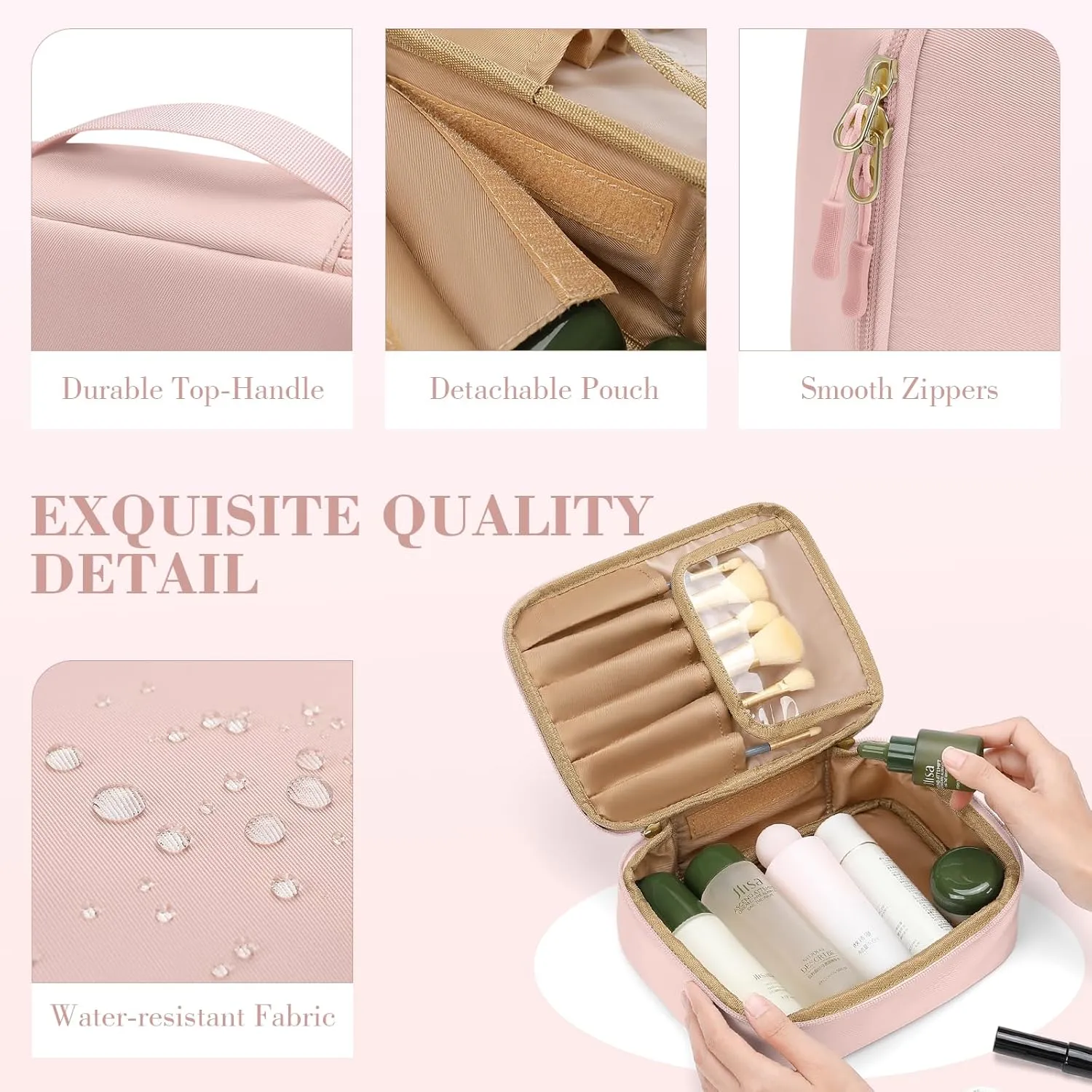 Makeup Bag, Small Travel Makeup Cosmetic Bag for Women, Portable Make up Brushes Holder Bag, Toiletry Bag, Compact Cosmetic Case Organizer, Pink