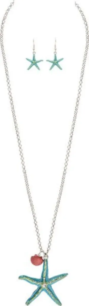 Rain Jewelry Silver Aqua Blue Starfish With Rhinestone Center And Coral Shell Charm Necklace Set
