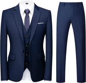 Rogers & Morris Suits for Men Slim fit 3 Piece Solid Essential One Button Suit Set Blazer with Pants and Vest