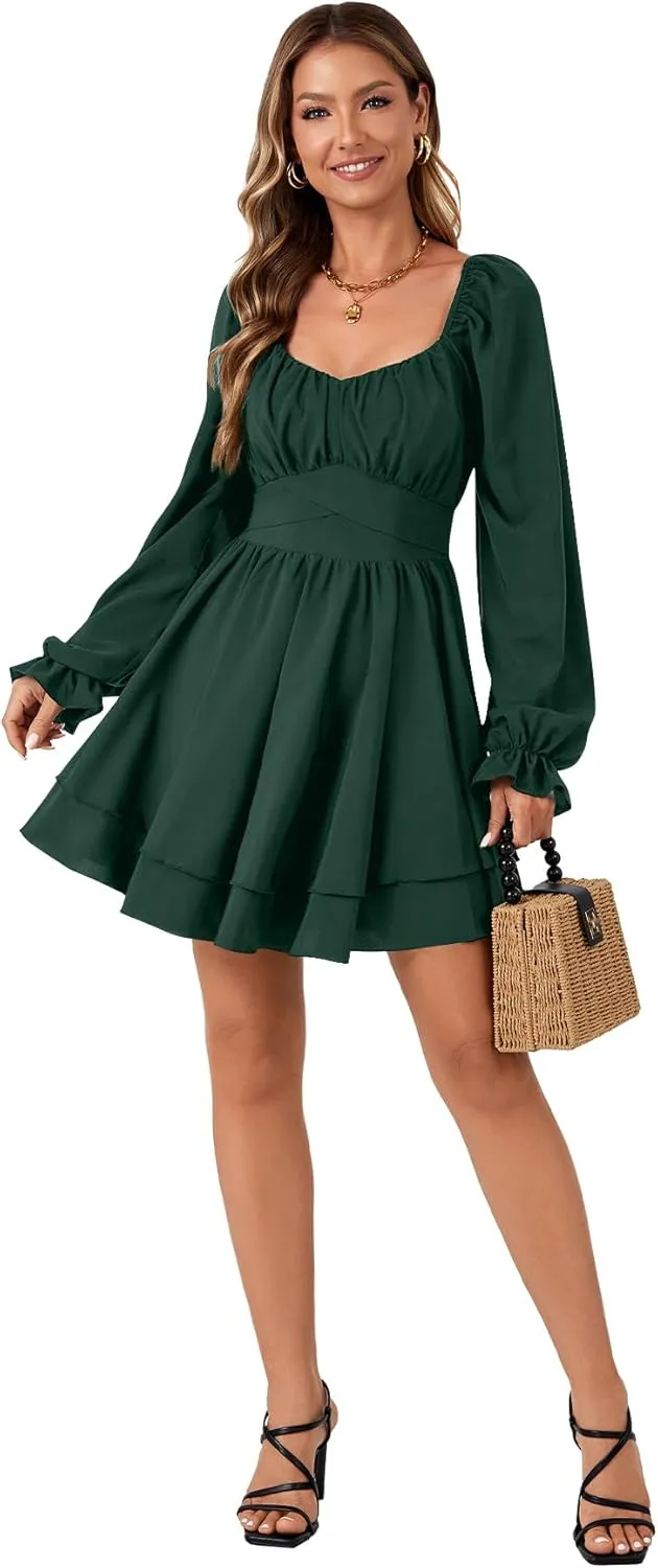 Rooscier Women's Lantern Flounce Long Sleeve Ruffle Layer Tie Mini Short Dress