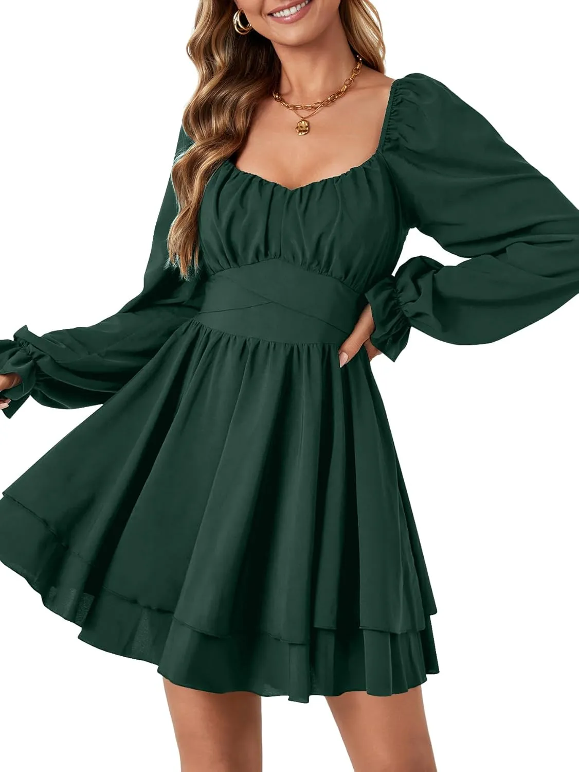 Rooscier Women's Lantern Flounce Long Sleeve Ruffle Layer Tie Mini Short Dress