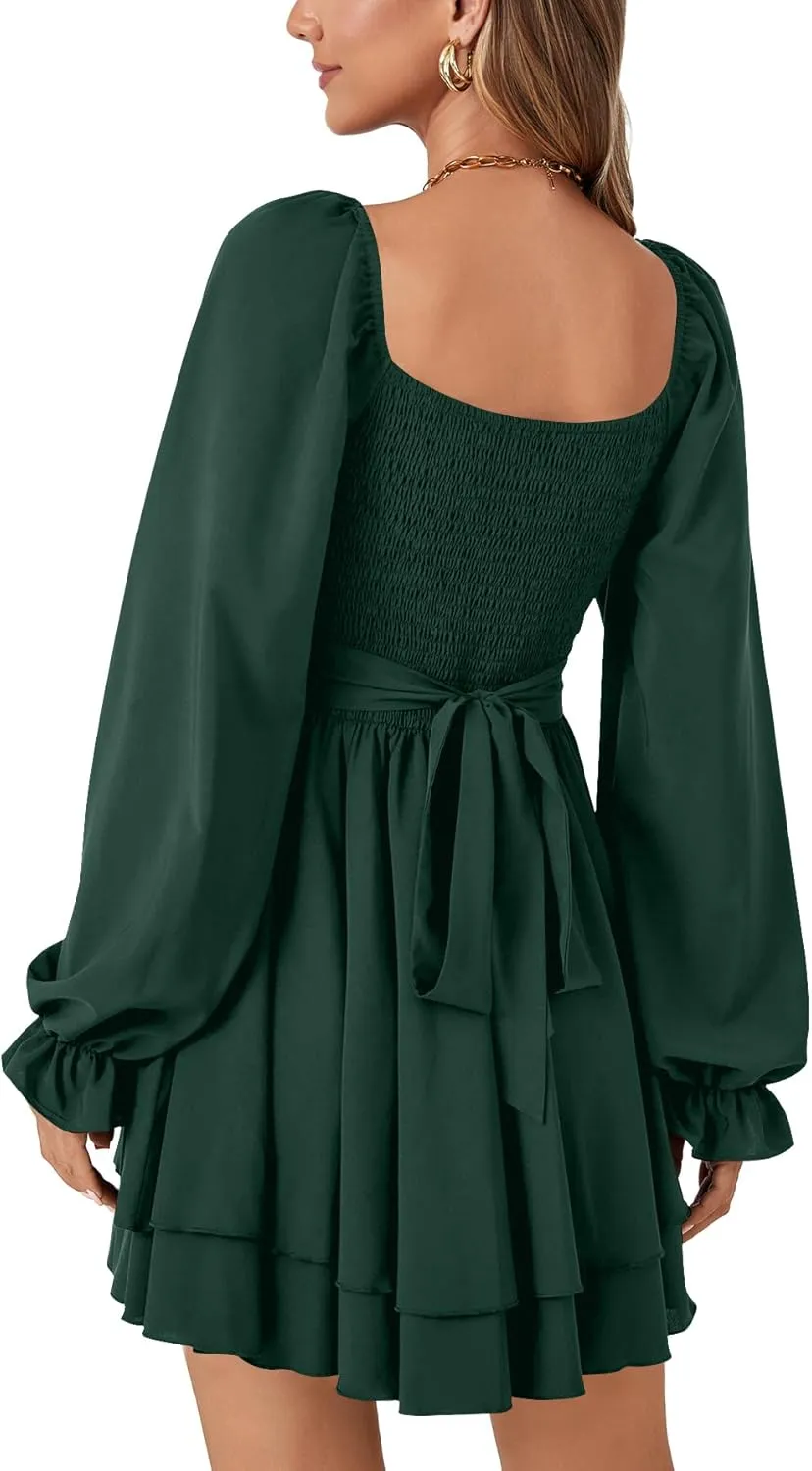 Rooscier Women's Lantern Flounce Long Sleeve Ruffle Layer Tie Mini Short Dress