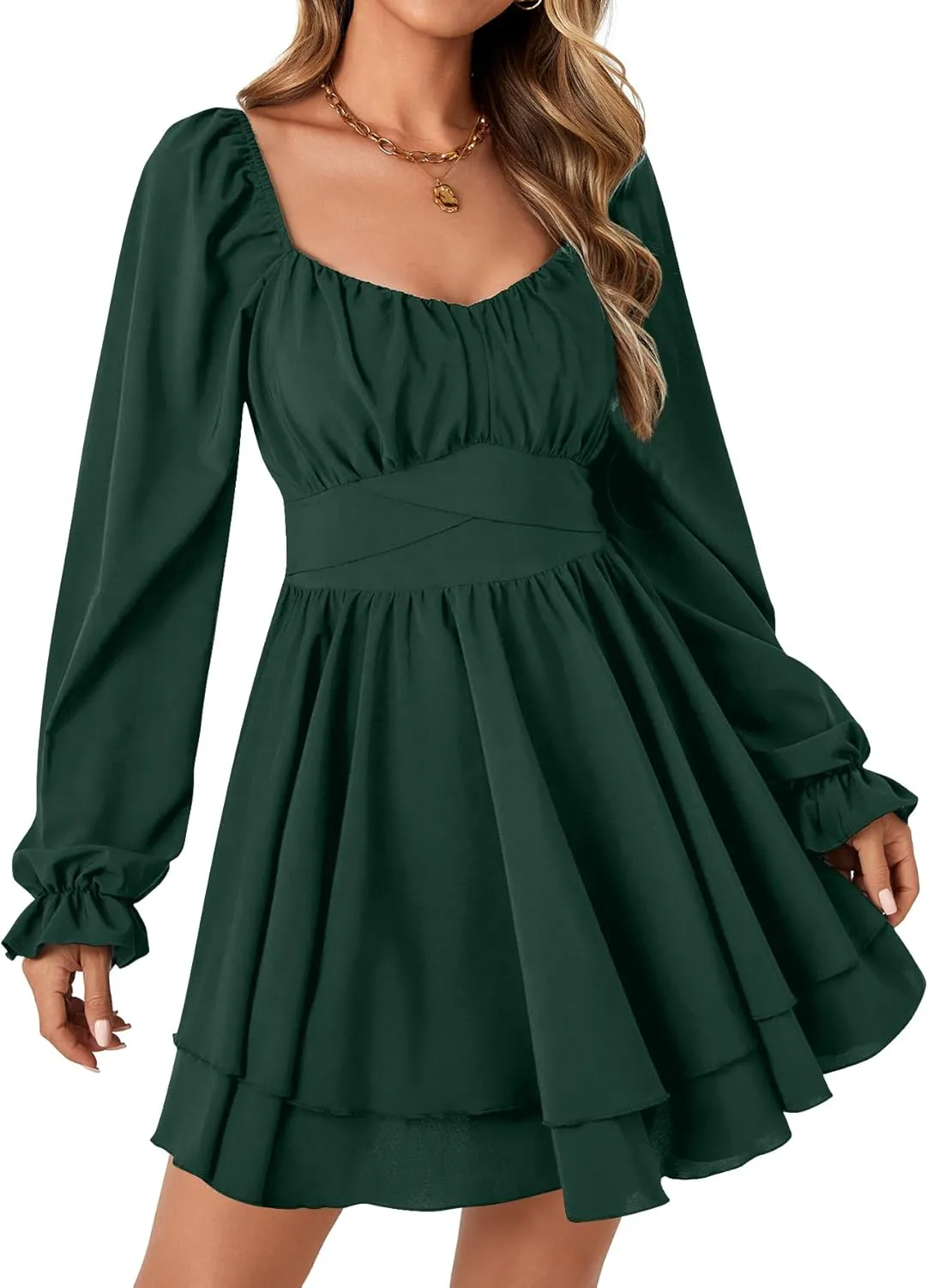 Rooscier Women's Lantern Flounce Long Sleeve Ruffle Layer Tie Mini Short Dress