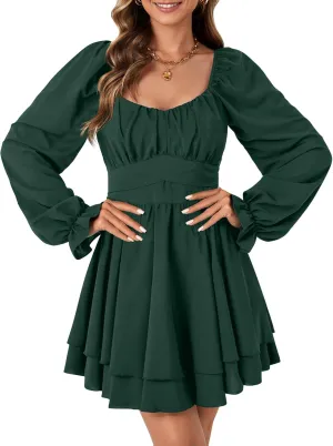 Rooscier Women's Lantern Flounce Long Sleeve Ruffle Layer Tie Mini Short Dress