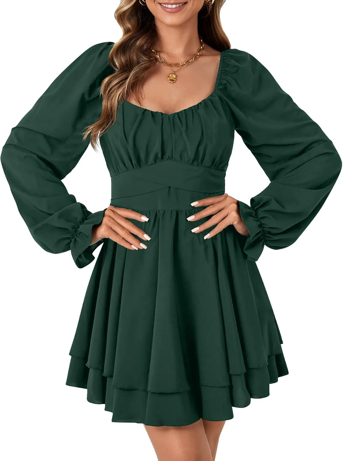 Rooscier Women's Lantern Flounce Long Sleeve Ruffle Layer Tie Mini Short Dress