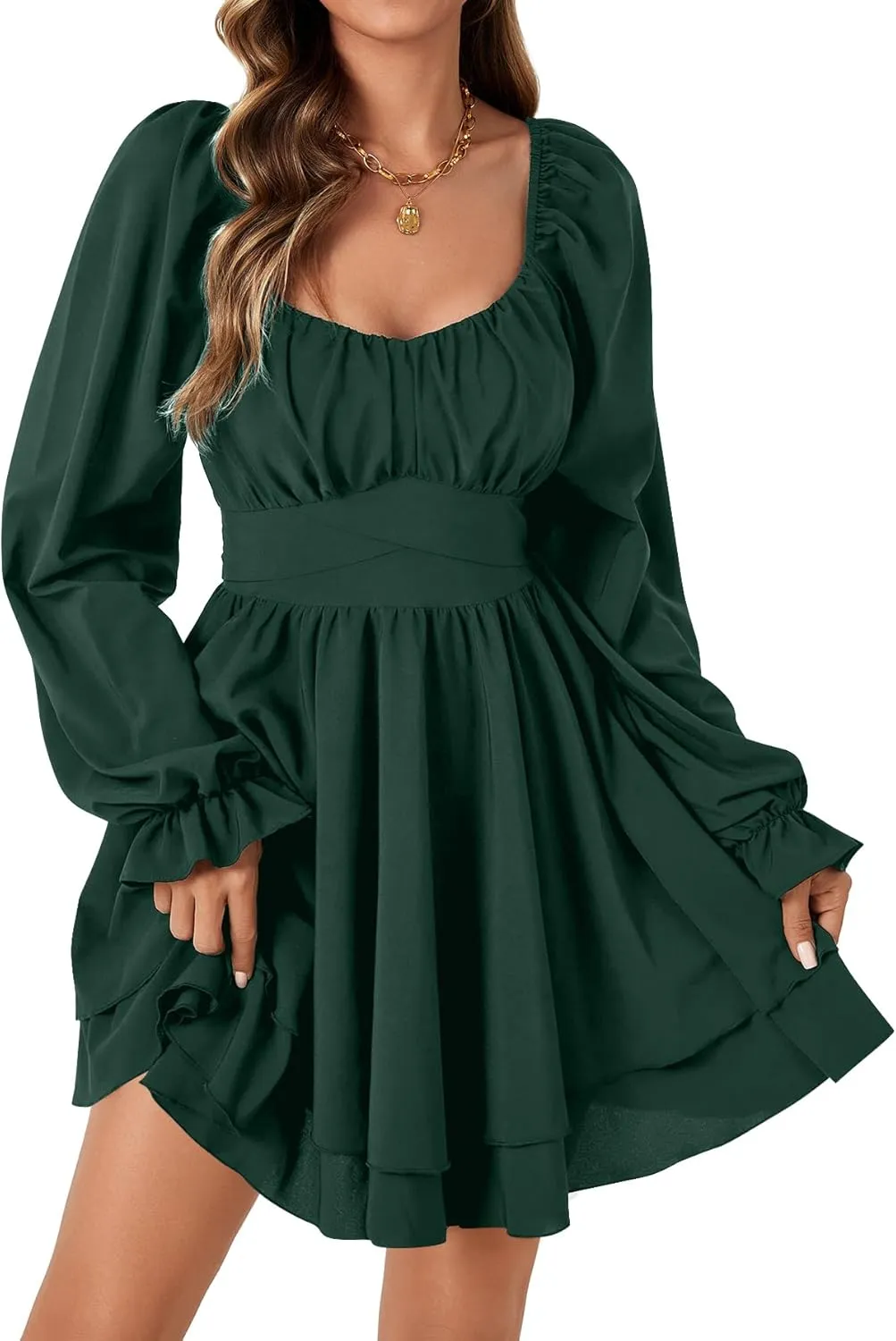 Rooscier Women's Lantern Flounce Long Sleeve Ruffle Layer Tie Mini Short Dress