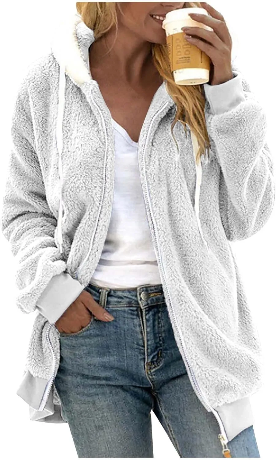 Sherpa Jacket Women Fleece Zip Up Jacket Winter 2024 Trendy Fuzzy Warm Hoodie Outerwear Coat with Pockets